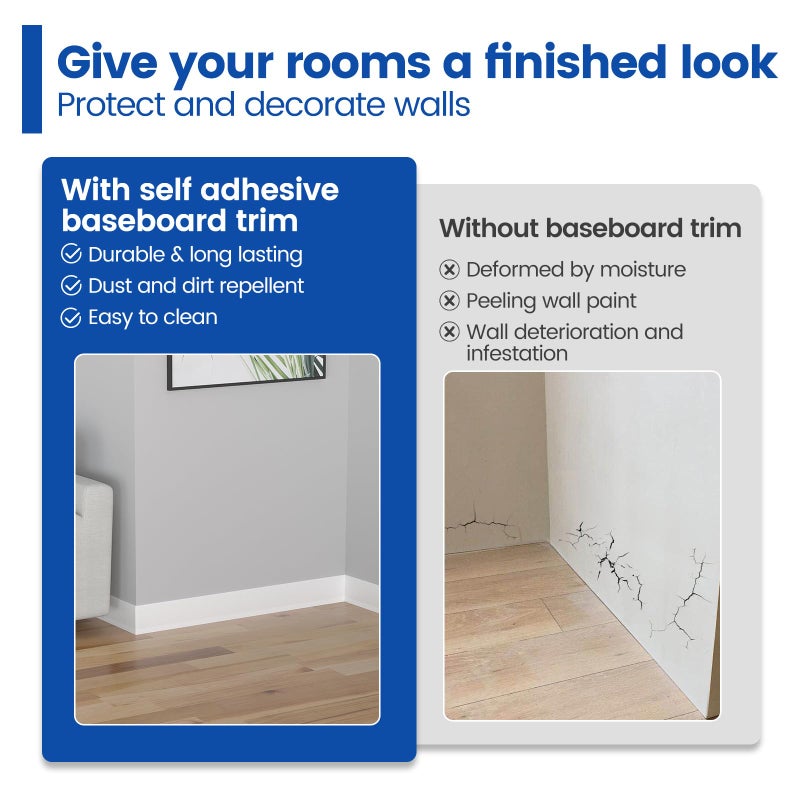 Muzata 4 Inch x 20 Feet Flexible Baseboard Trim Peel and Stick Baseboard Molding White Rubber Vinyl Molding Self-Adhesive Floor Trim SB03 - Image 2